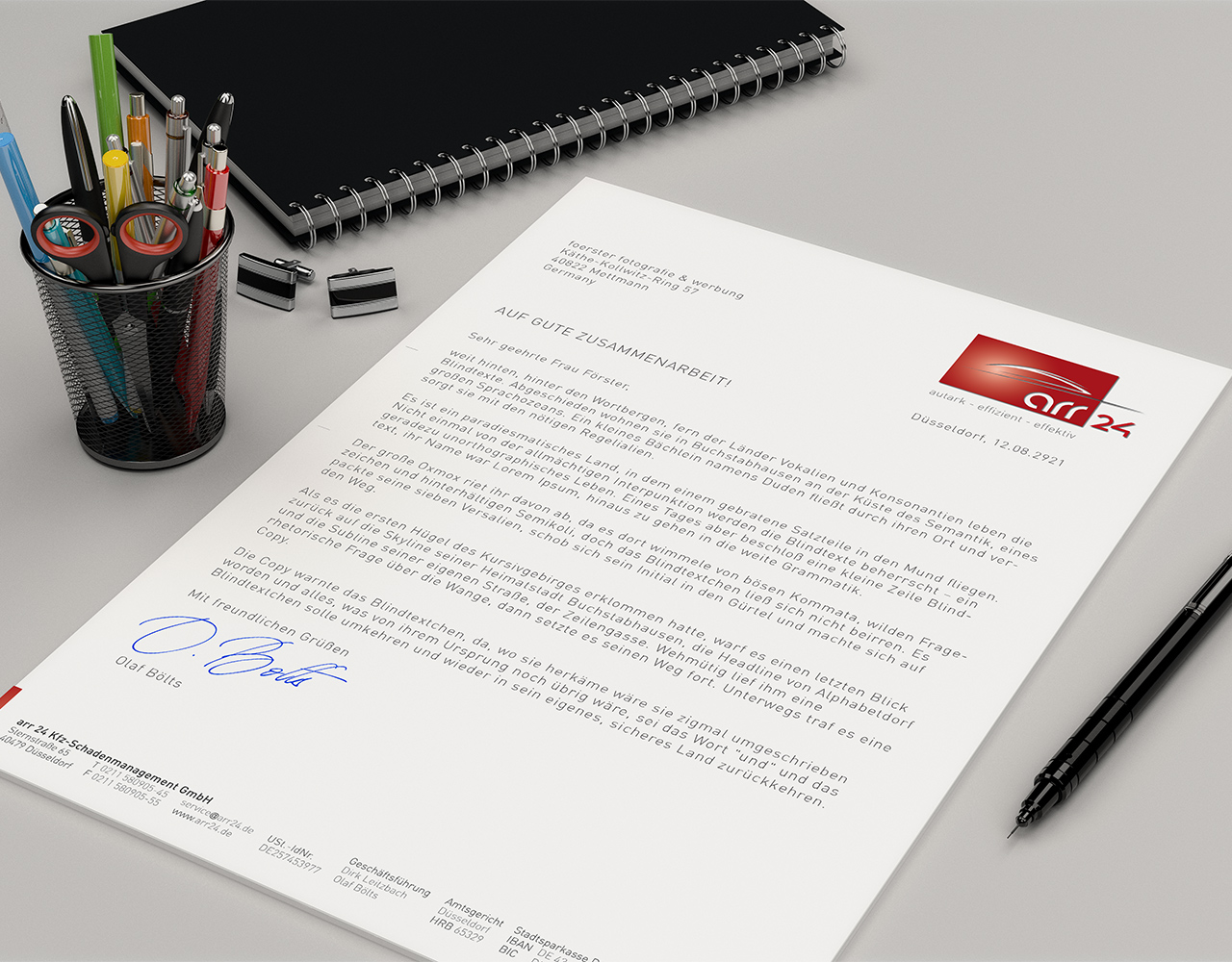 Entwicklung des Briefpaiers für die arr24 Kfz-Schadenmanagement GmbH. Entwicklung Briefpapier