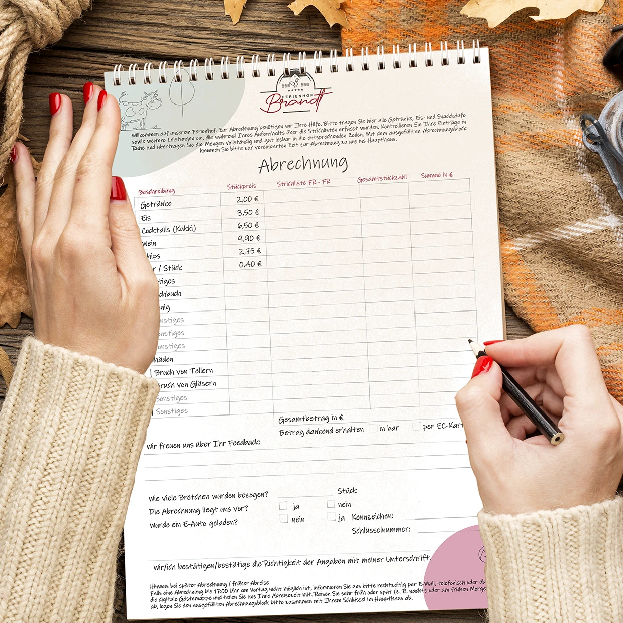 Übersichtlicher Abrechnungsbogen für Gäste des Ferienhofs Brandt. Abrechnungsbogen des Ferienhofs Brandt in Spiralbindung