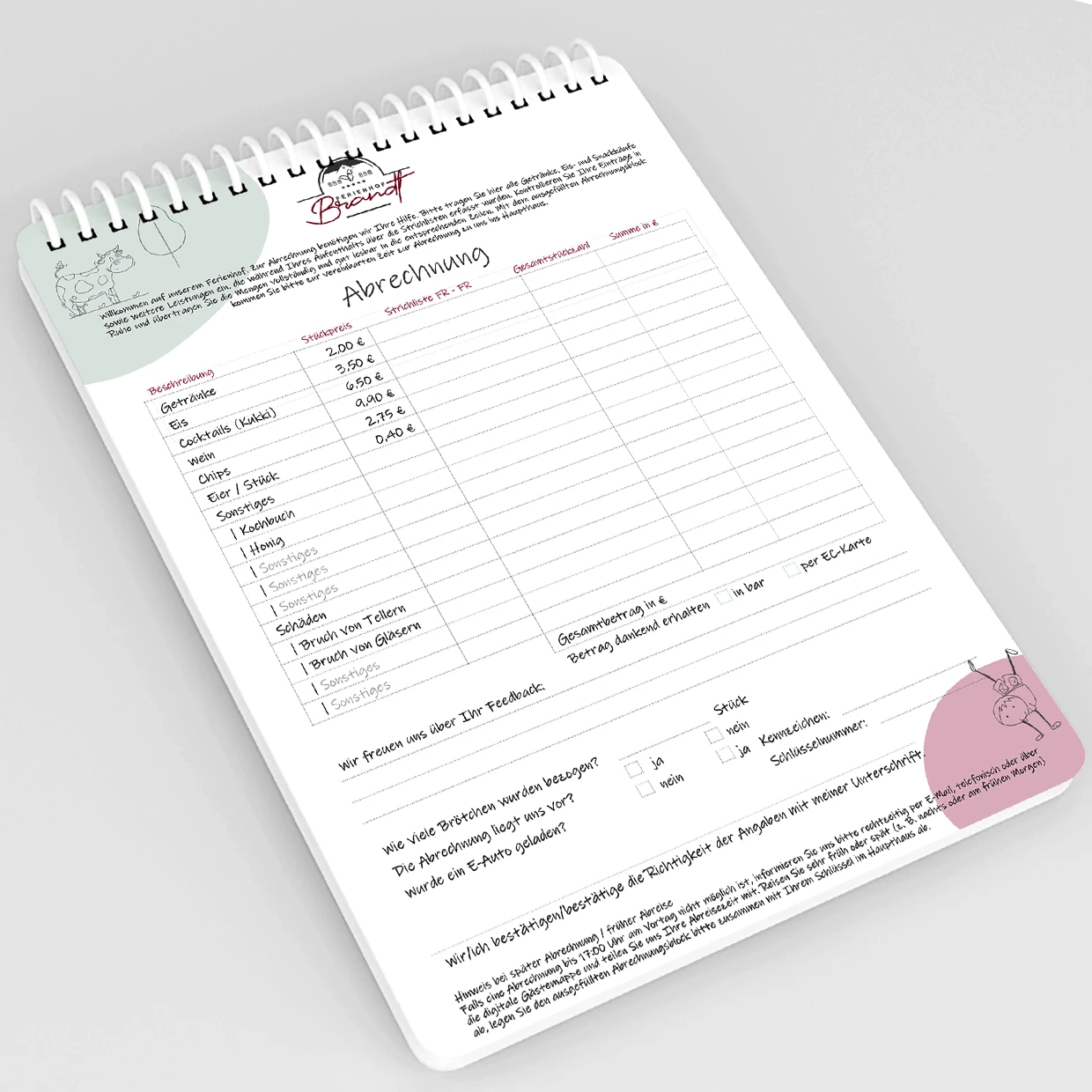 Abrechnungsformular des Ferienhofs Brandt im Einsatz. Abrechnungsbogen des Ferienhofs Brandt auf Holztisch