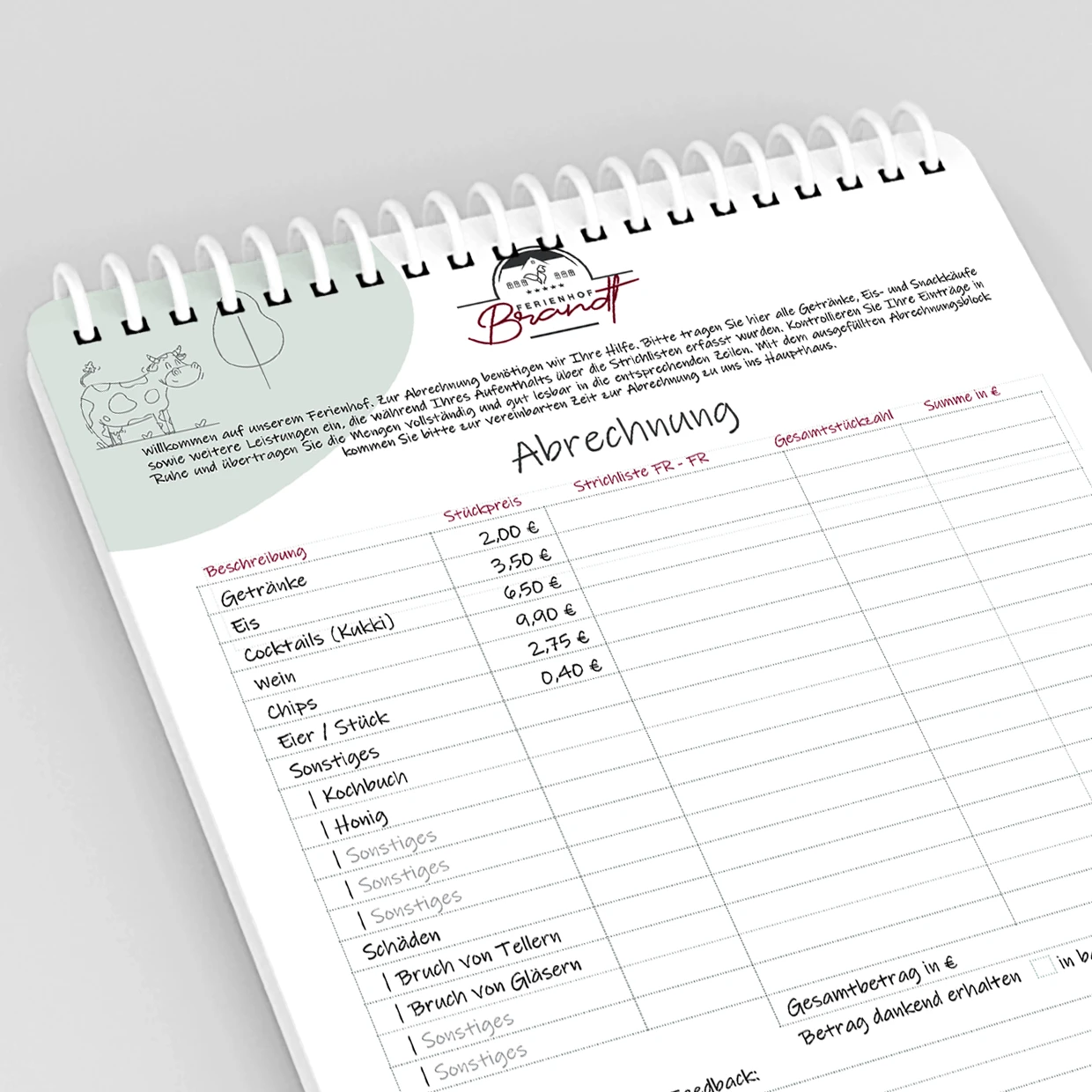 Detail des kindgerecht gestalteten Abrechnungsbogens. Detailansicht des Abrechnungsbogens mit Illustrationen