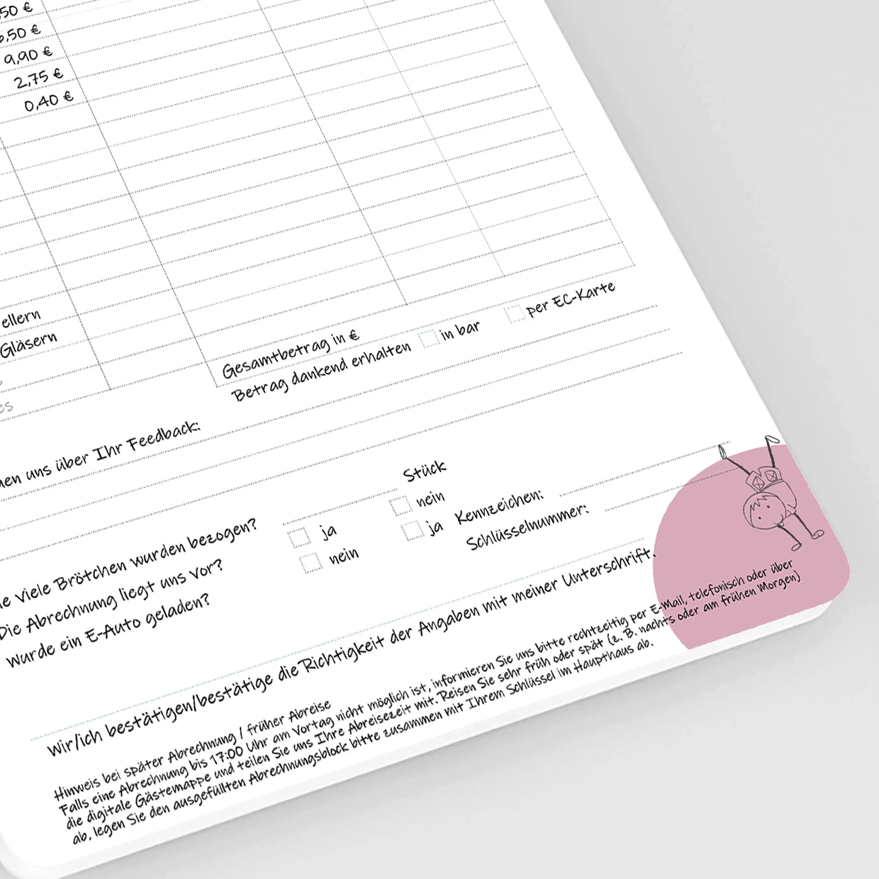 Abrechnungsbogen des Ferienhofs Brandt beim Ausfüllen durch Gäste. Gäste füllen den Abrechnungsbogen des Ferienhofs Brandt aus