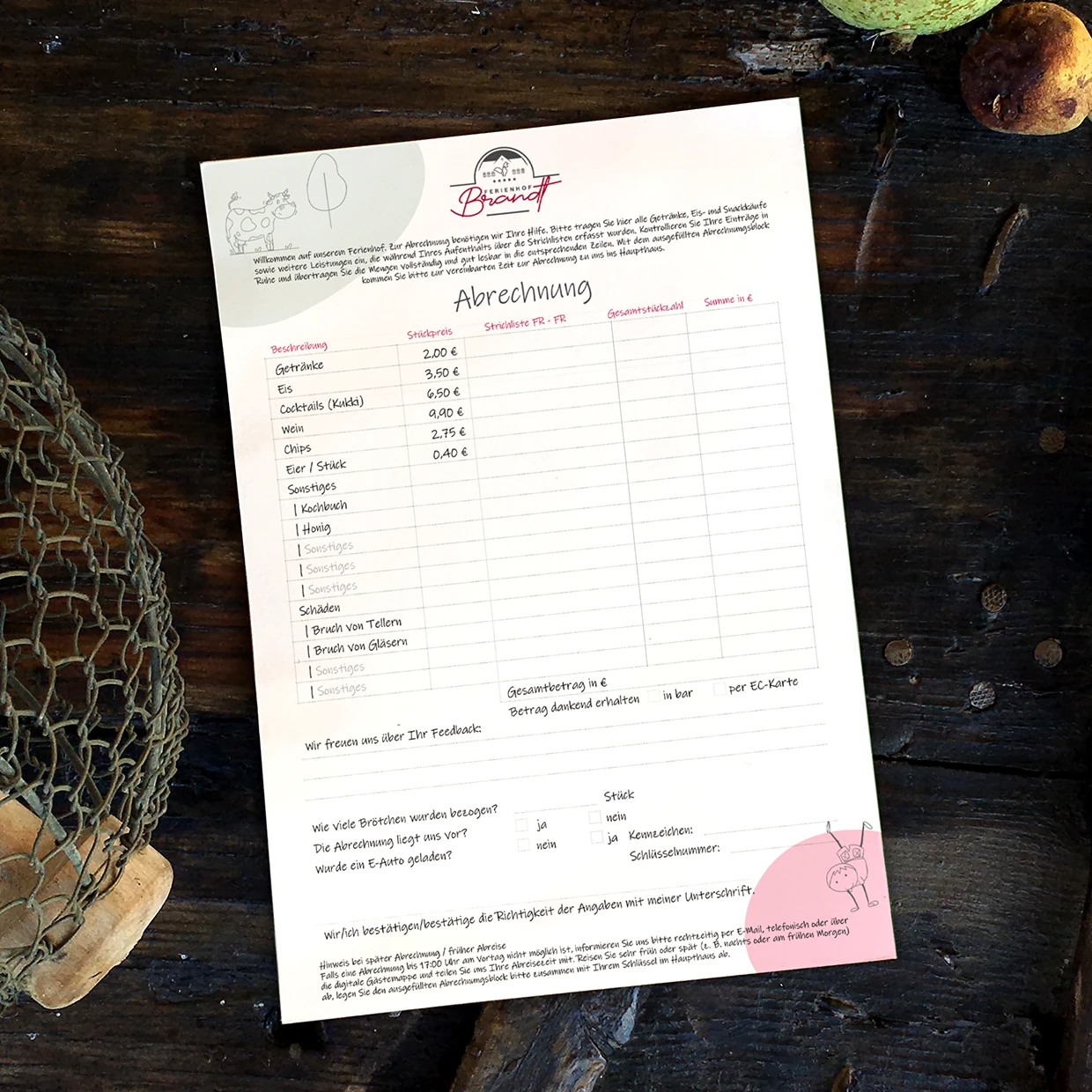 Kindgerecht gestalteter Abrechnungsbogen für den Ferienhof Brandt. Abrechnungsblock des Ferienhofs Brandt