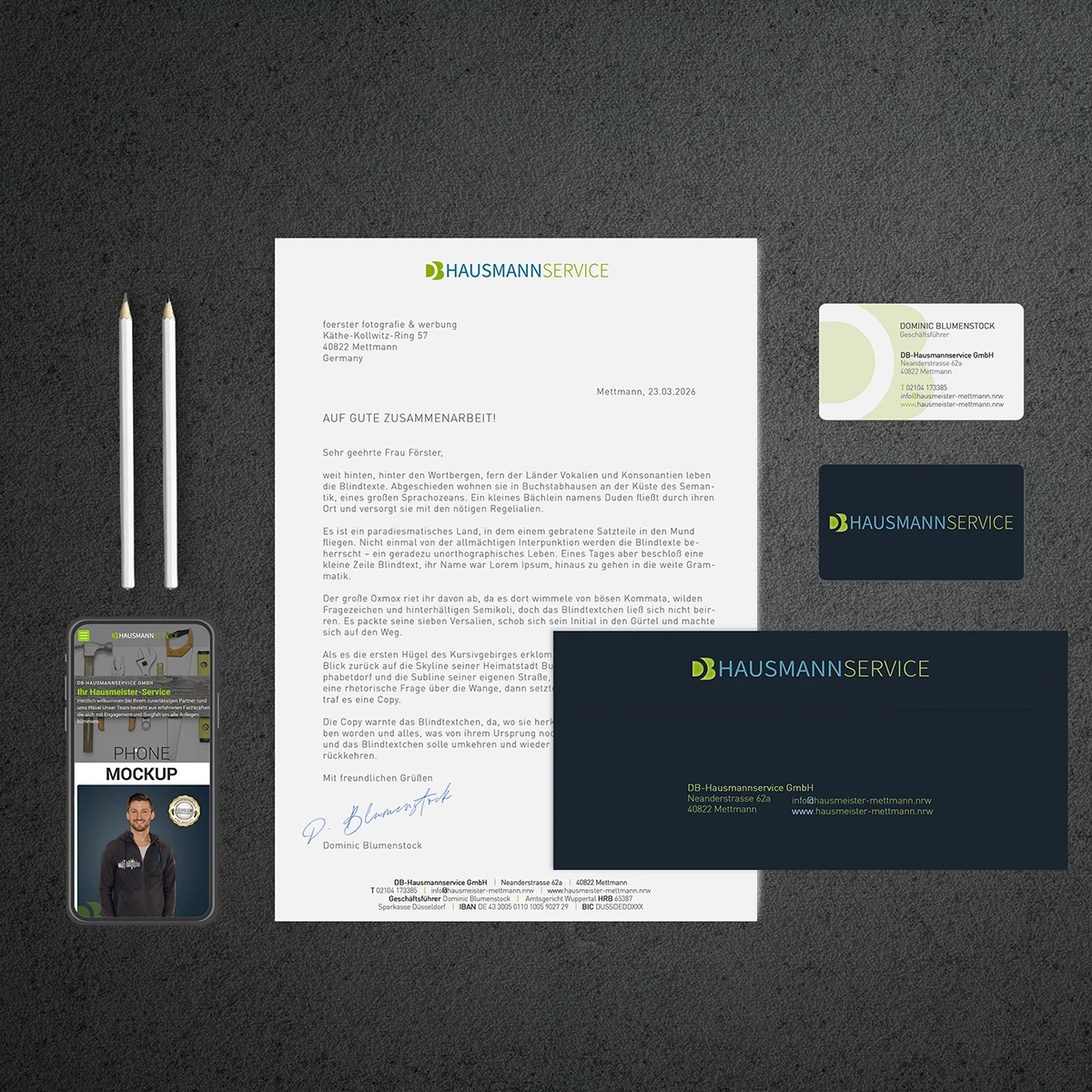 Geschäftspapier und weitere Medien im Corporate Design von DB-Hausmannservice