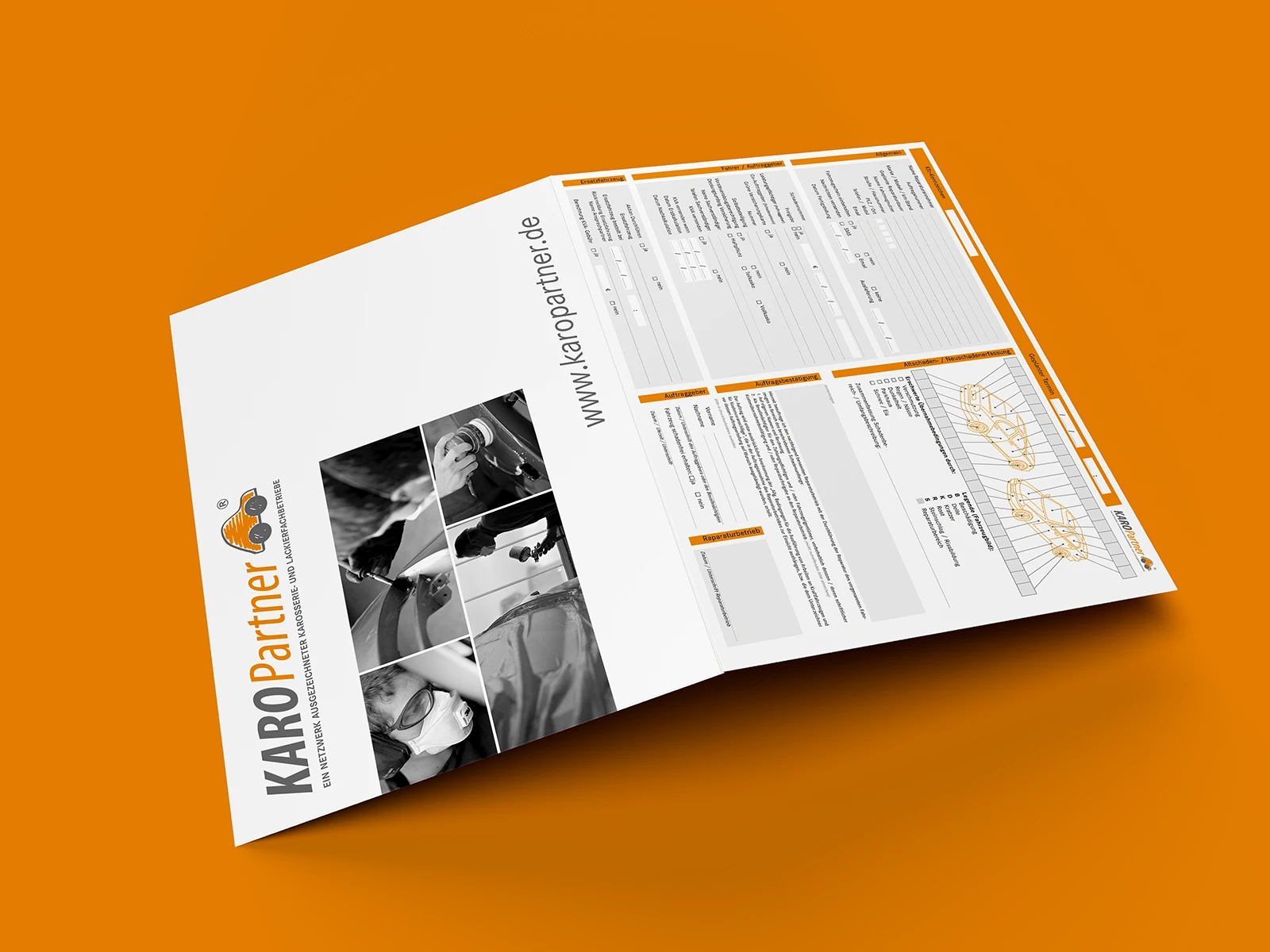 Auftragsmappe von KAROPartner mit integriertem Formularsatz für die Schadenabwicklung. Geöffnete Auftragsmappe von KAROPartner mit Anschreiben