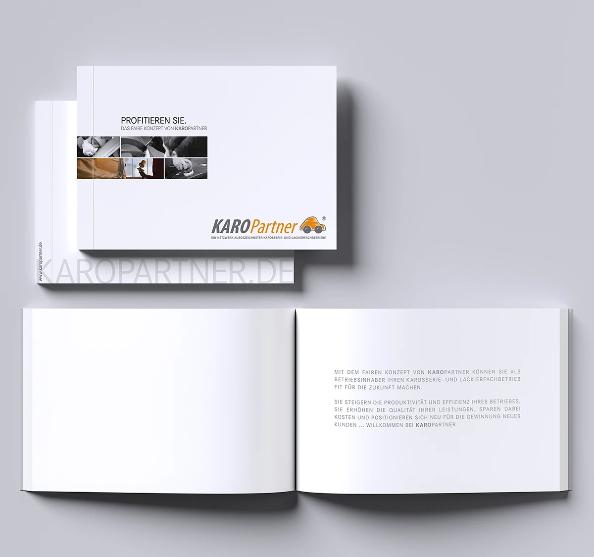 Schönes Layouts einer Werkstattbroschüre | Imagebroschüre für KaroPARTNER