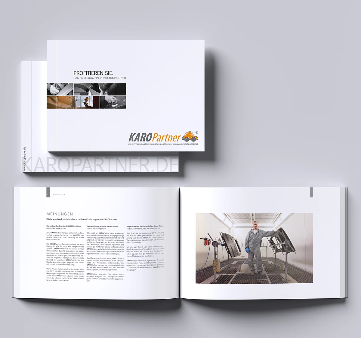 Schönes Layouts einer Werkstattbroschüre | Imagebroschüre für KaroPARTNER