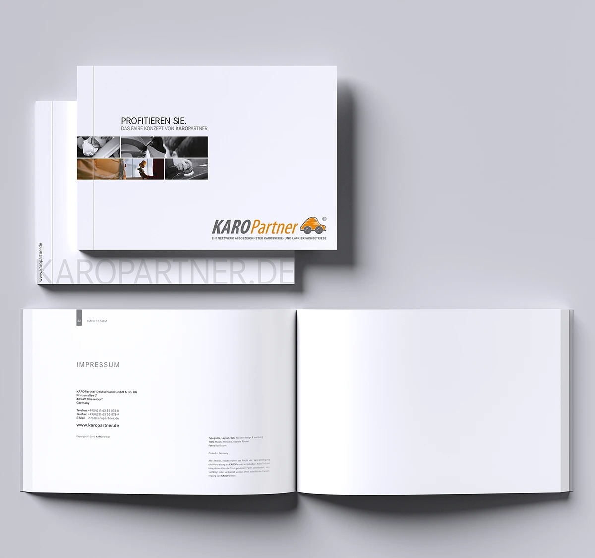 Schönes Layouts einer Werkstattbroschüre | Imagebroschüre für KaroPARTNER