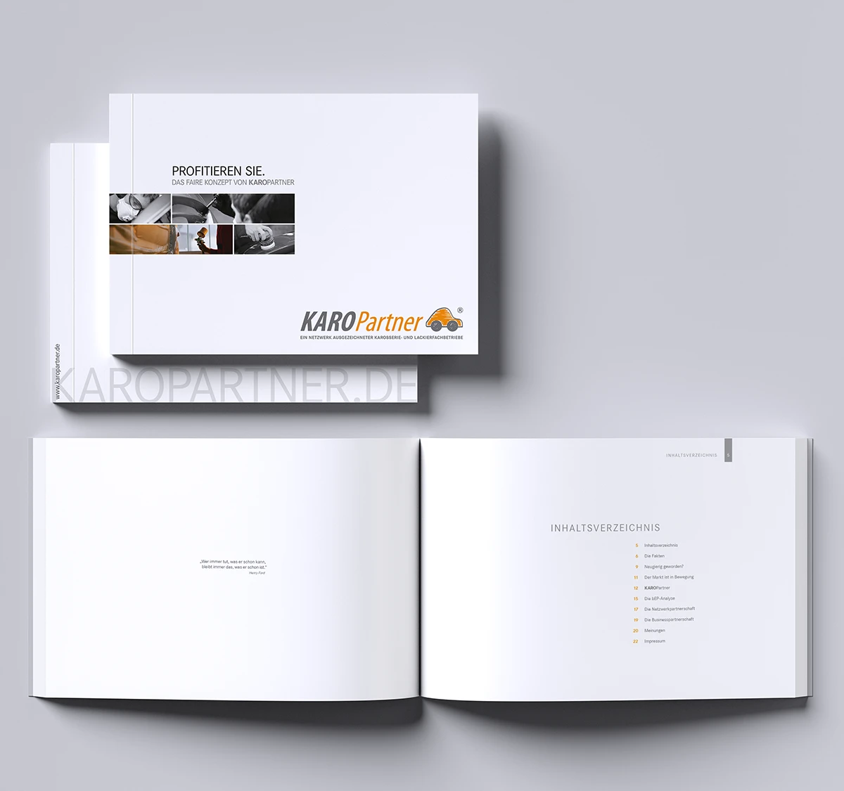 Schönes Layouts einer Werkstattbroschüre | Imagebroschüre für KaroPARTNER