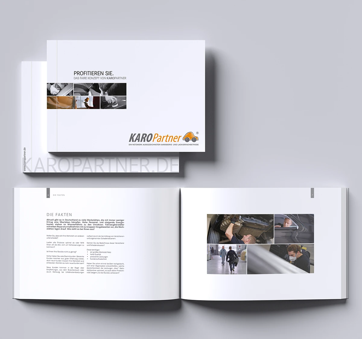 Schönes Layouts einer Werkstattbroschüre | Imagebroschüre für KaroPARTNER