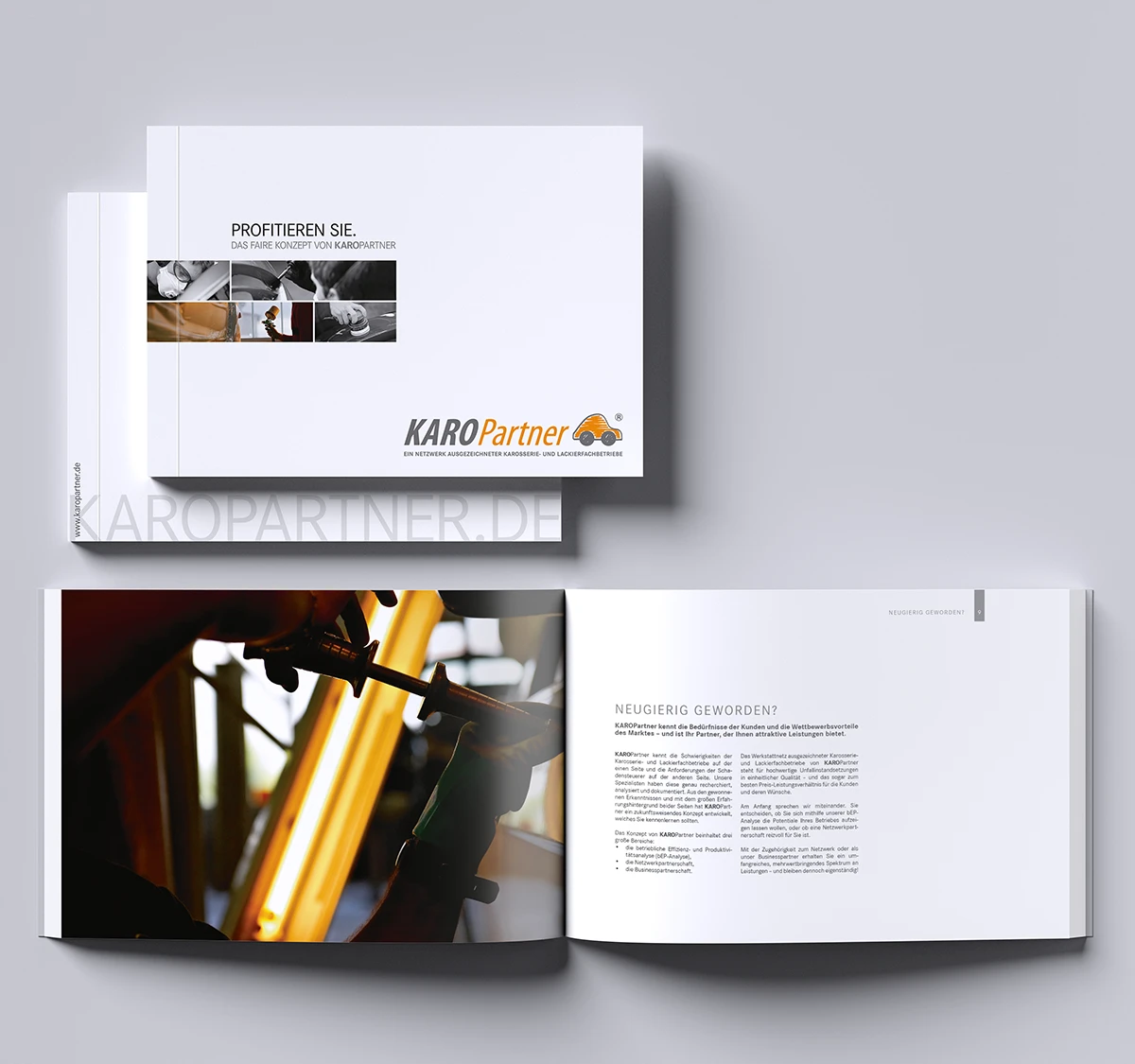 Schönes Layouts einer Werkstattbroschüre | Imagebroschüre für KaroPARTNER