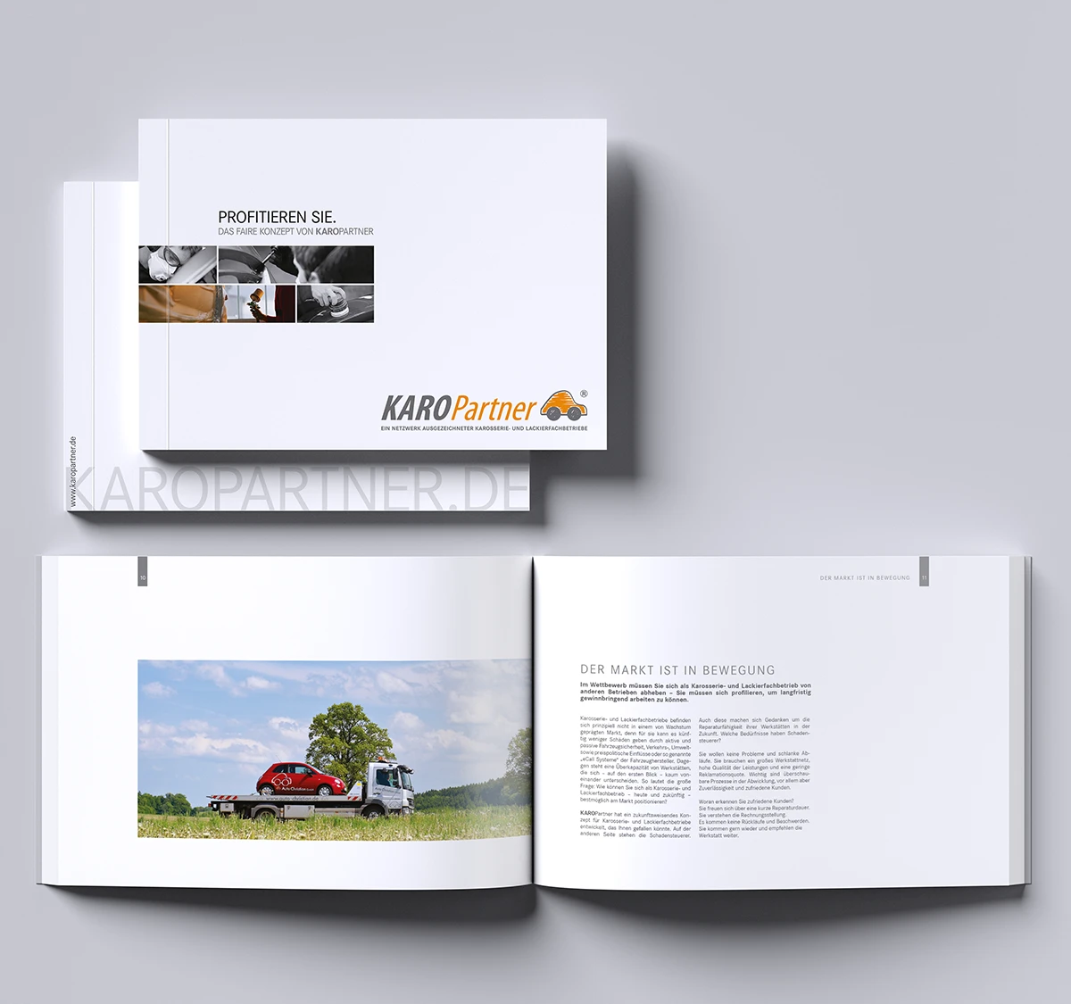 Schönes Layouts einer Werkstattbroschüre | Imagebroschüre für KaroPARTNER