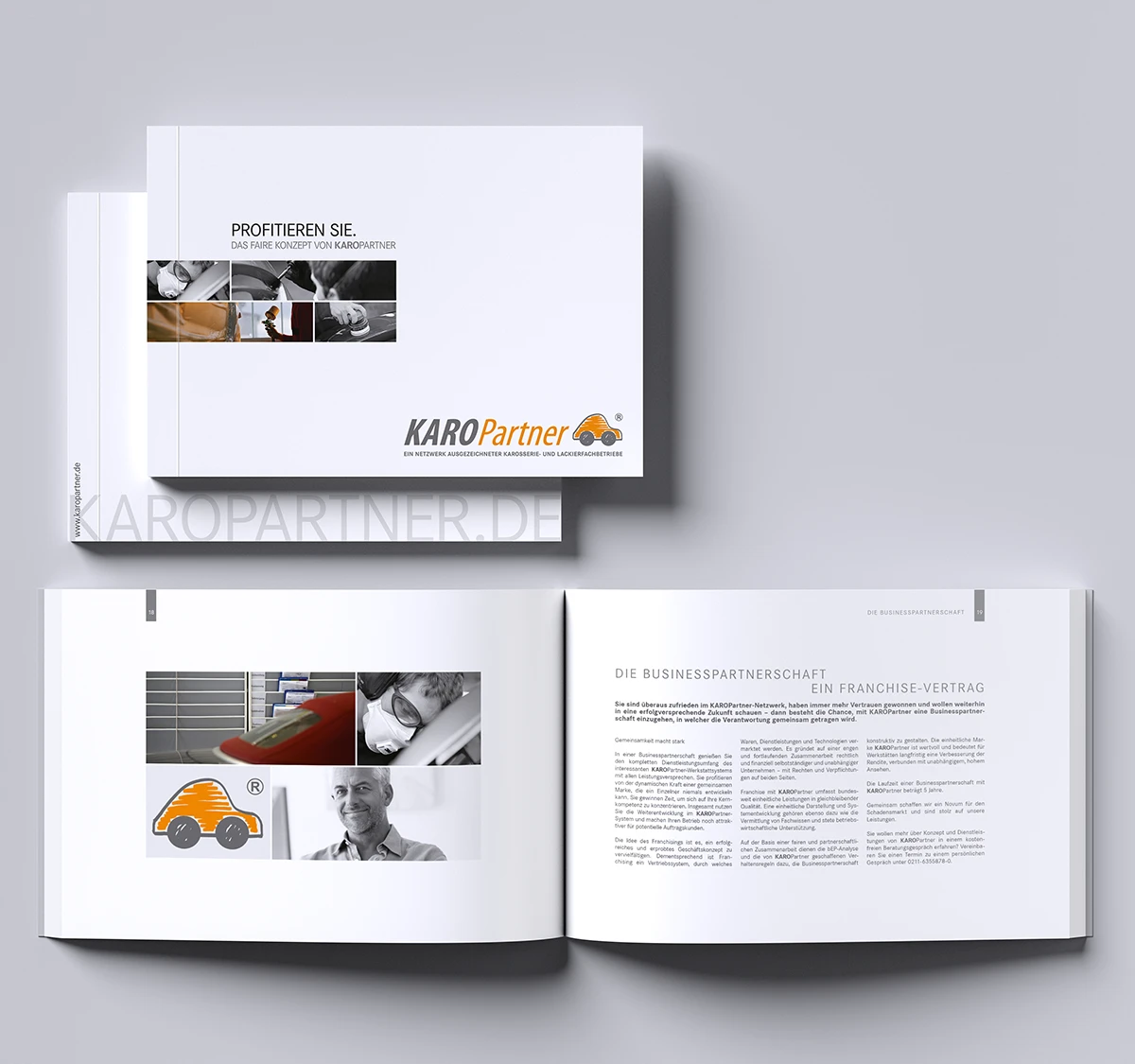 Schönes Layouts einer Werkstattbroschüre | Imagebroschüre für KaroPARTNER