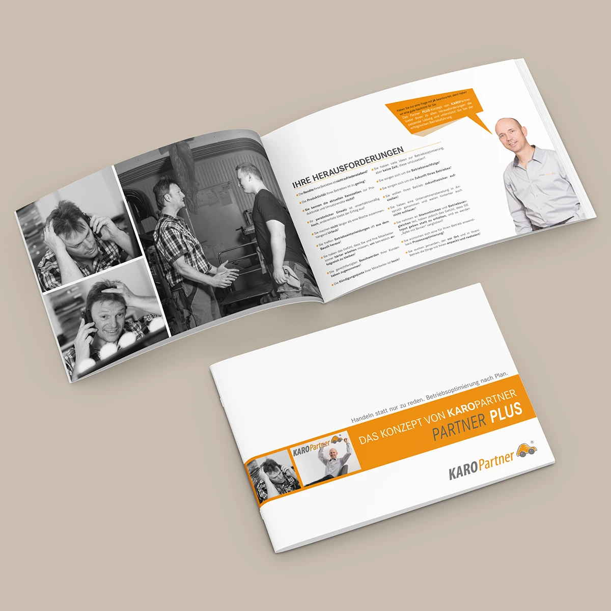 Schönes Layouts eines Handouts für KaroPARTNER, in der das PLUS-Konzept vorgestellt wird.