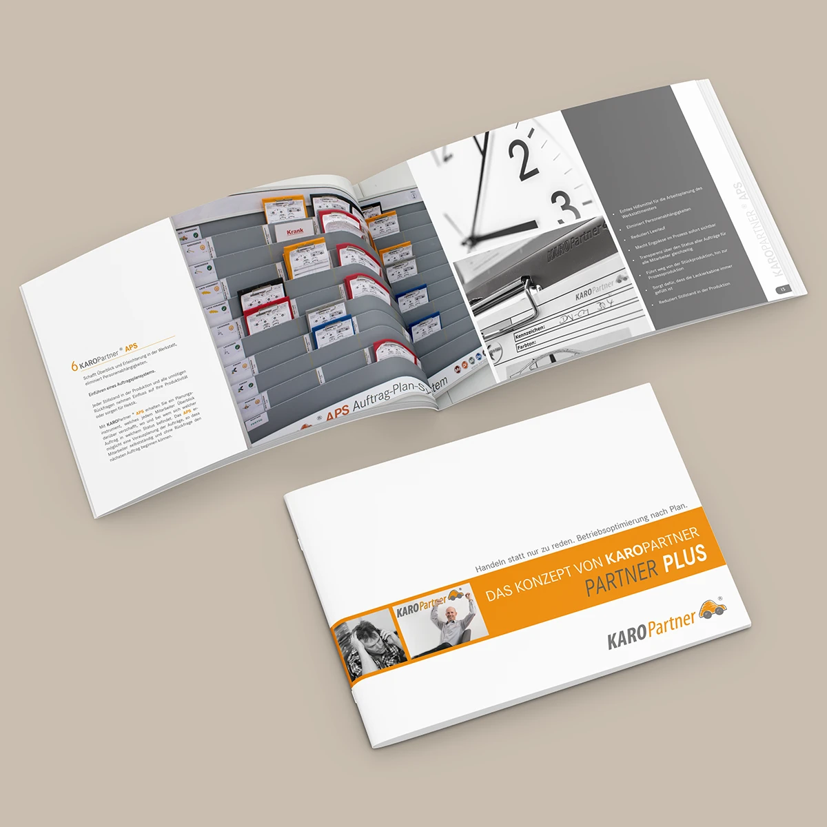 Schönes Layouts eines Handouts für KaroPARTNER, in der das PLUS-Konzept vorgestellt wird.