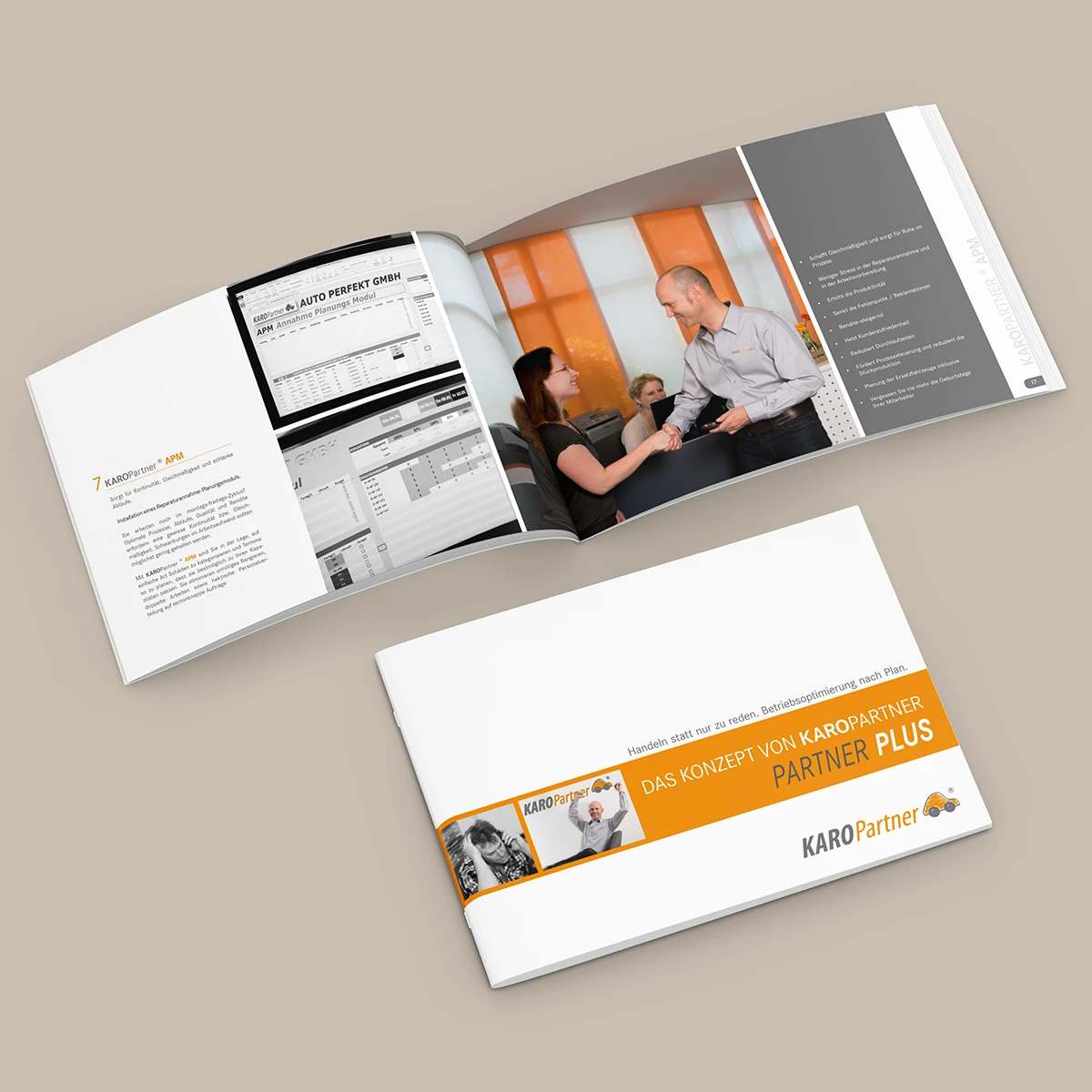 Schönes Layouts eines Handouts für KaroPARTNER, in der das PLUS-Konzept vorgestellt wird.