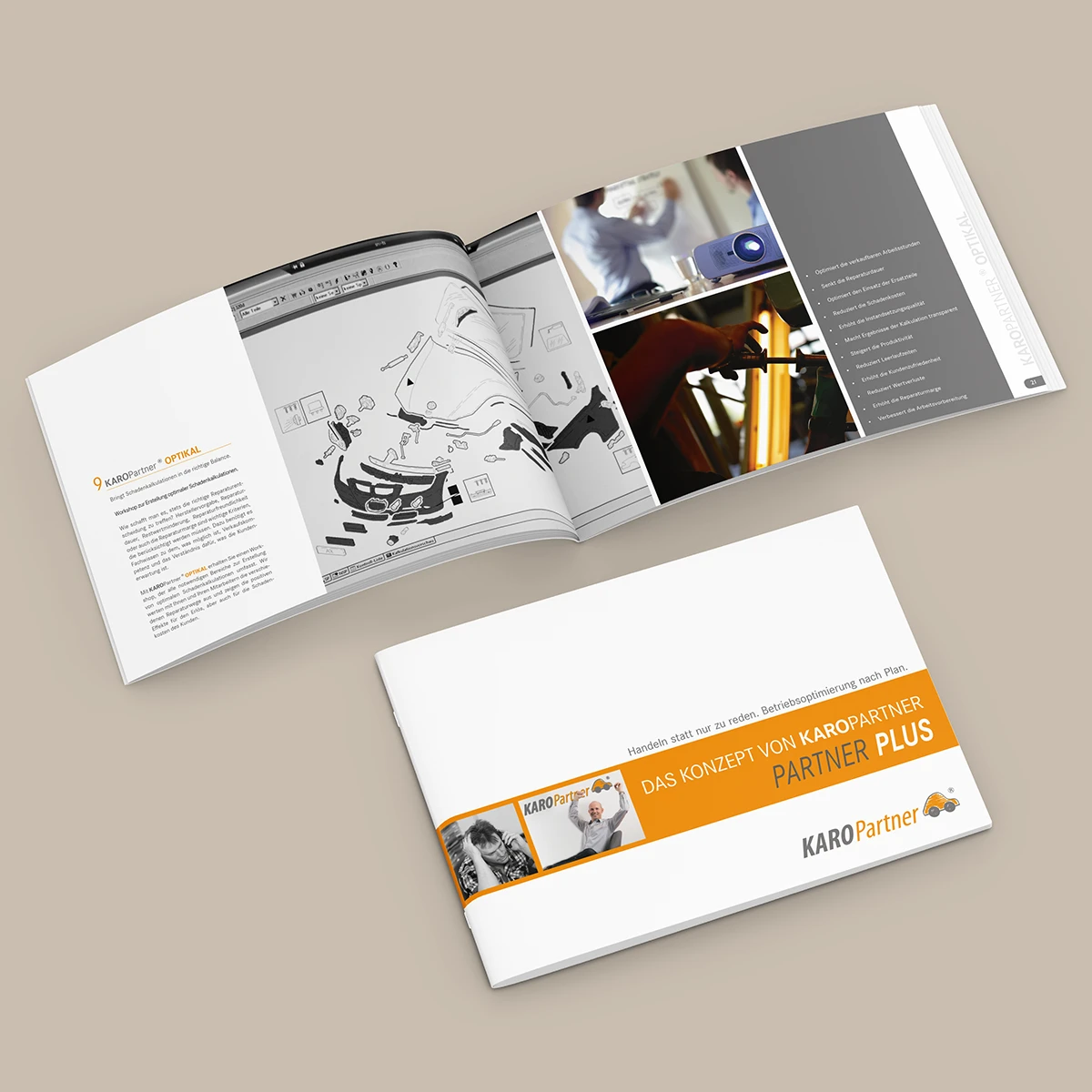 Schönes Layouts eines Handouts für KaroPARTNER, in der das PLUS-Konzept vorgestellt wird.