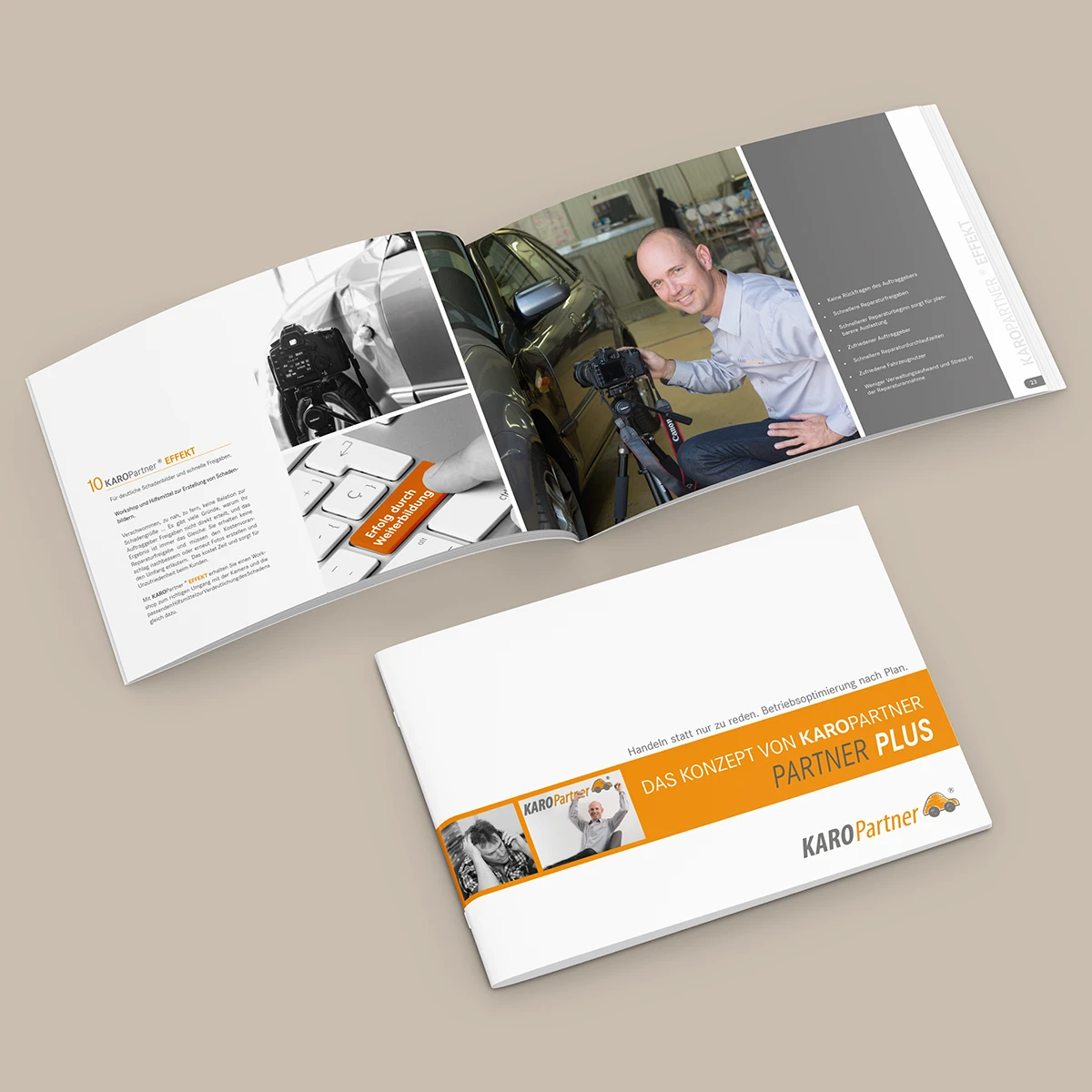 Schönes Layouts eines Handouts für KaroPARTNER, in der das PLUS-Konzept vorgestellt wird.