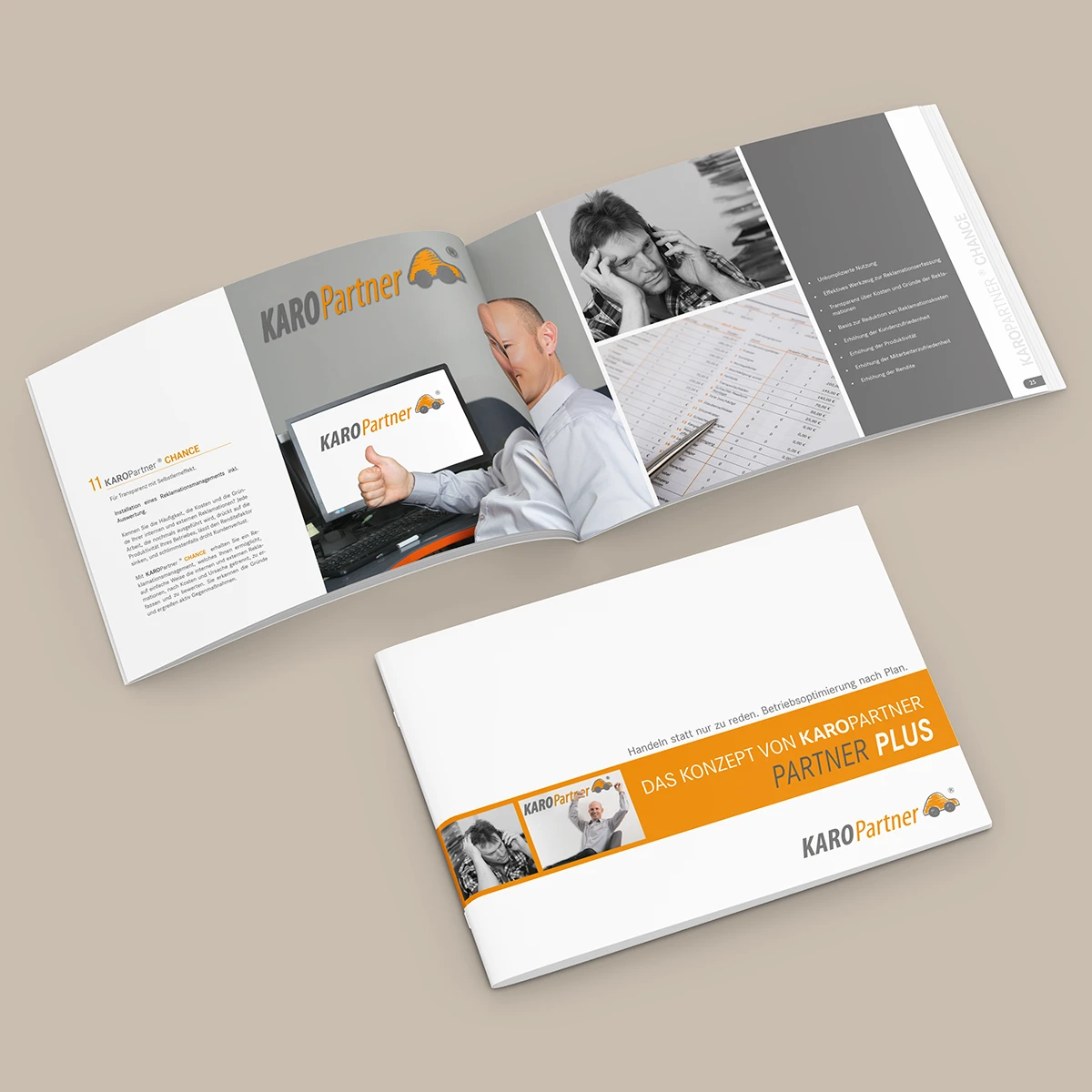 Schönes Layouts eines Handouts für KaroPARTNER, in der das PLUS-Konzept vorgestellt wird.
