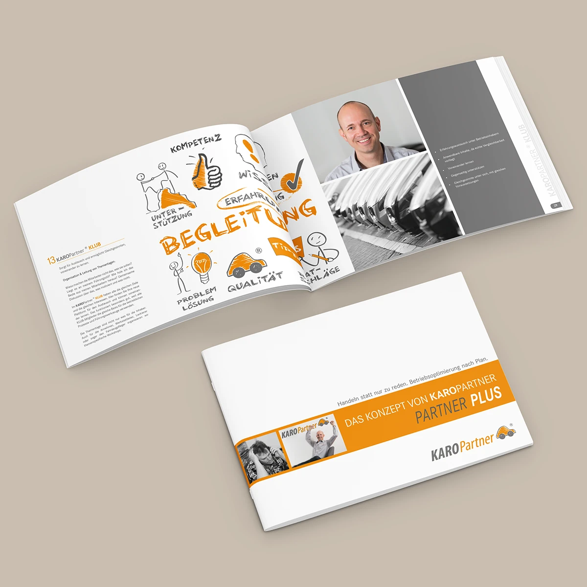 Schönes Layouts eines Handouts für KaroPARTNER, in der das PLUS-Konzept vorgestellt wird.