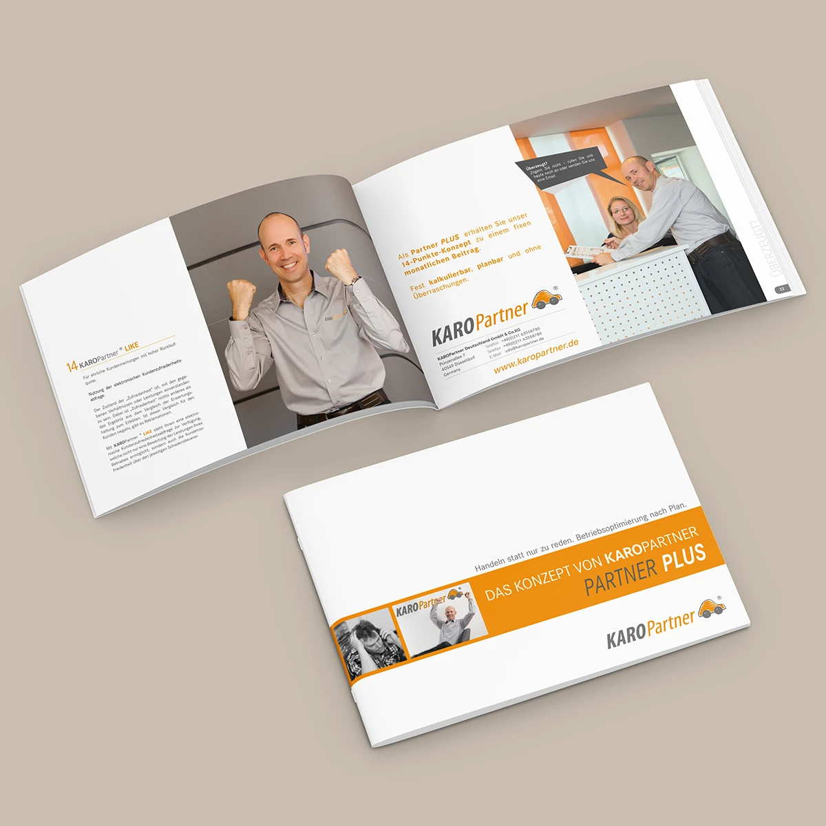 Schönes Layouts eines Handouts für KaroPARTNER, in der das PLUS-Konzept vorgestellt wird.