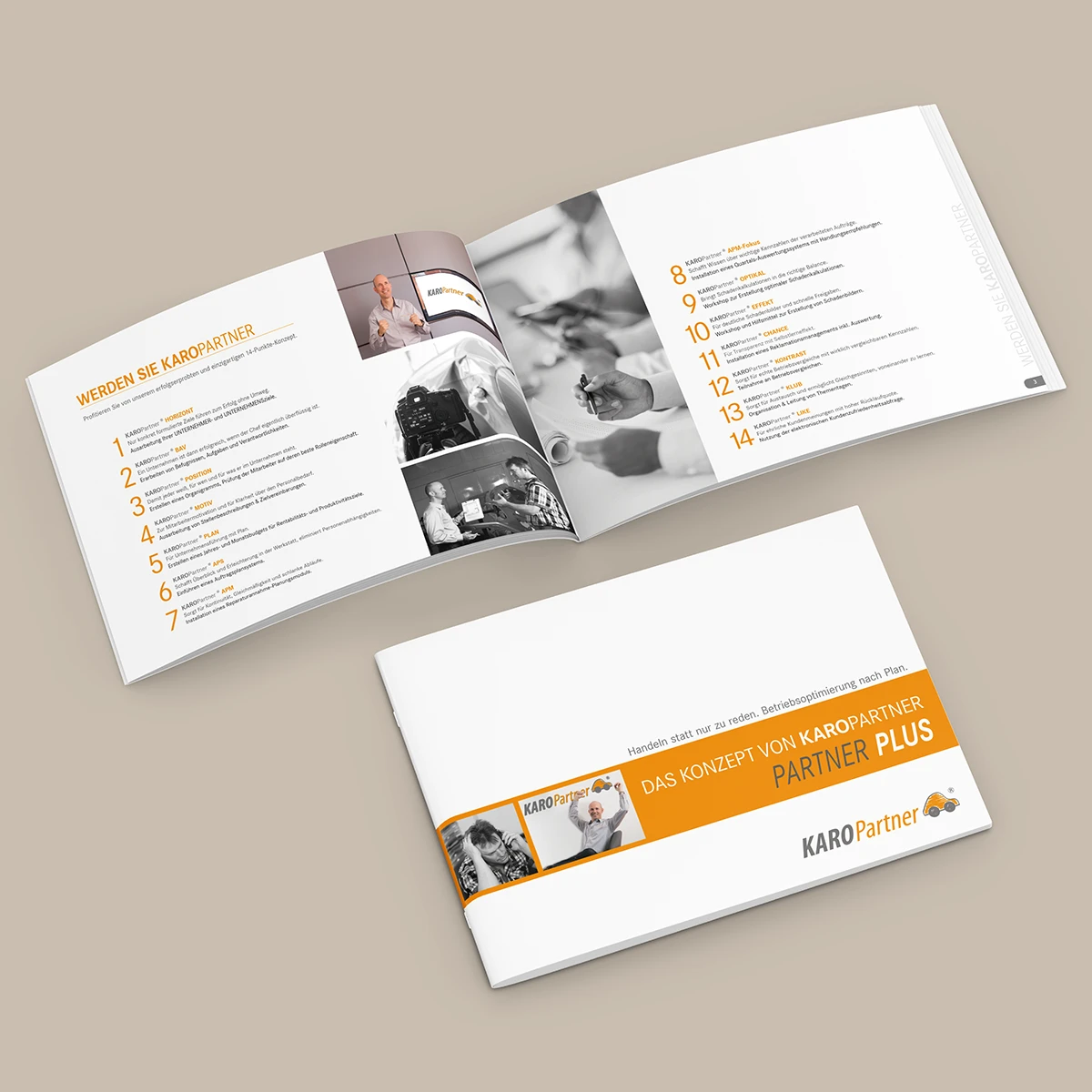 Schönes Layouts eines Handouts für KaroPARTNER, in der das PLUS-Konzept vorgestellt wird.