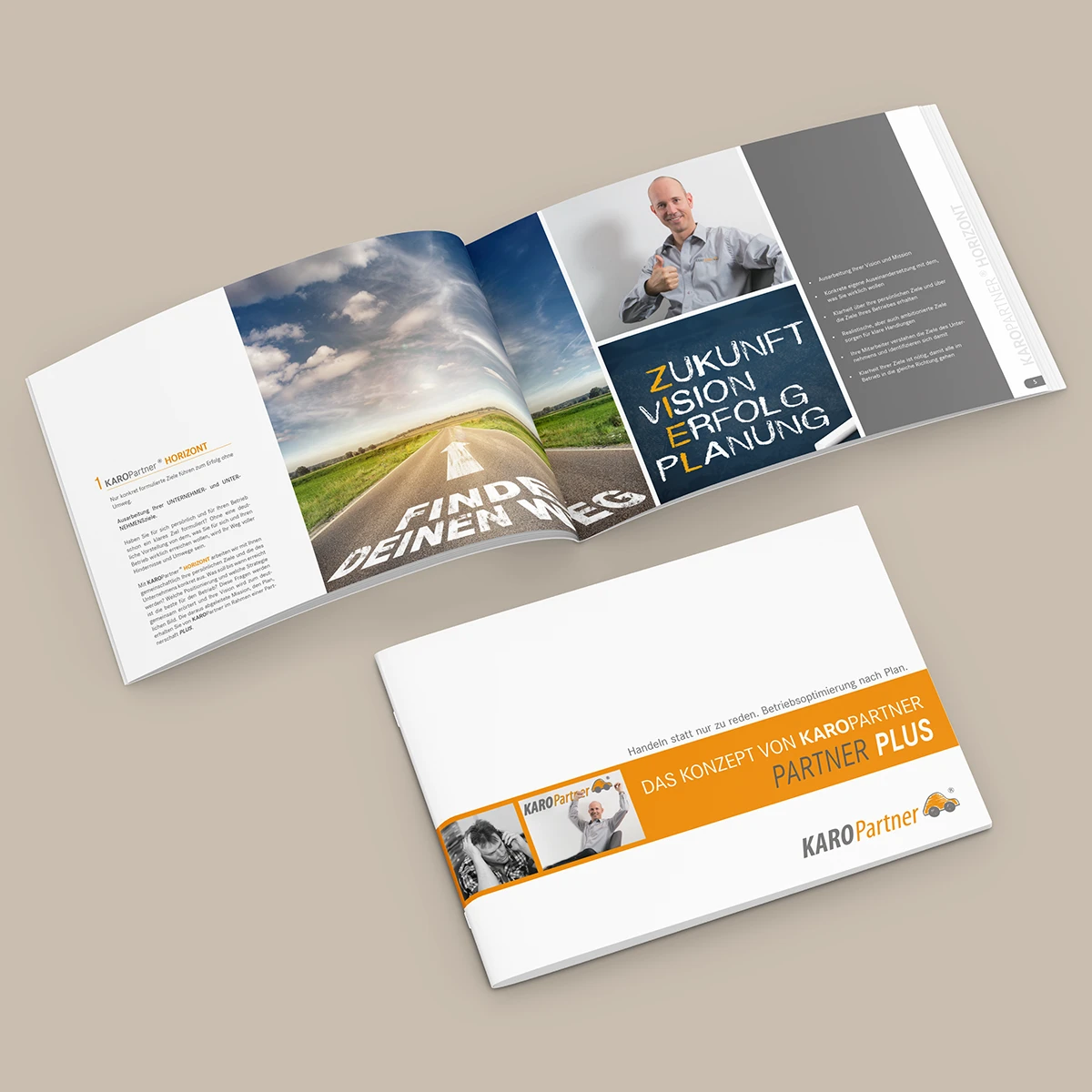 Schönes Layouts eines Handouts für KaroPARTNER, in der das PLUS-Konzept vorgestellt wird.