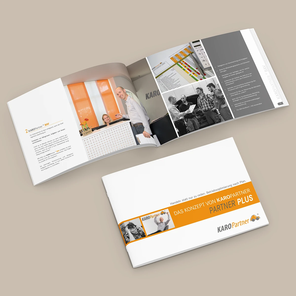 Schönes Layouts eines Handouts für KaroPARTNER, in der das PLUS-Konzept vorgestellt wird.