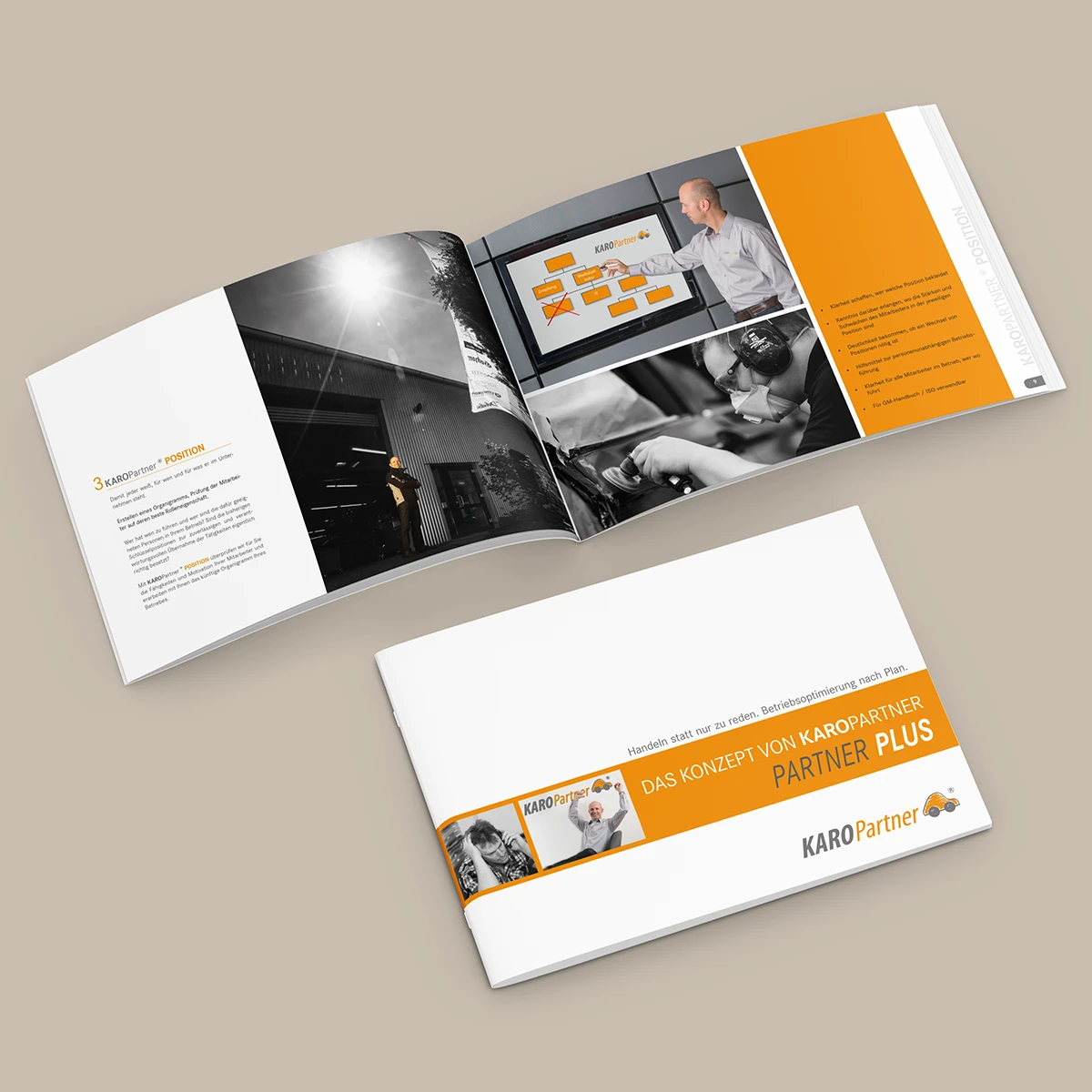 Schönes Layouts eines Handouts für KaroPARTNER, in der das PLUS-Konzept vorgestellt wird.