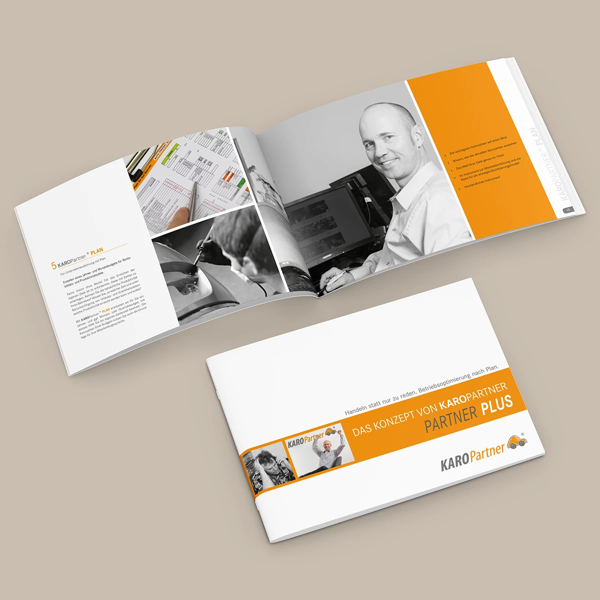 Schönes Layouts eines Handouts für KaroPARTNER, in der das PLUS-Konzept vorgestellt wird.