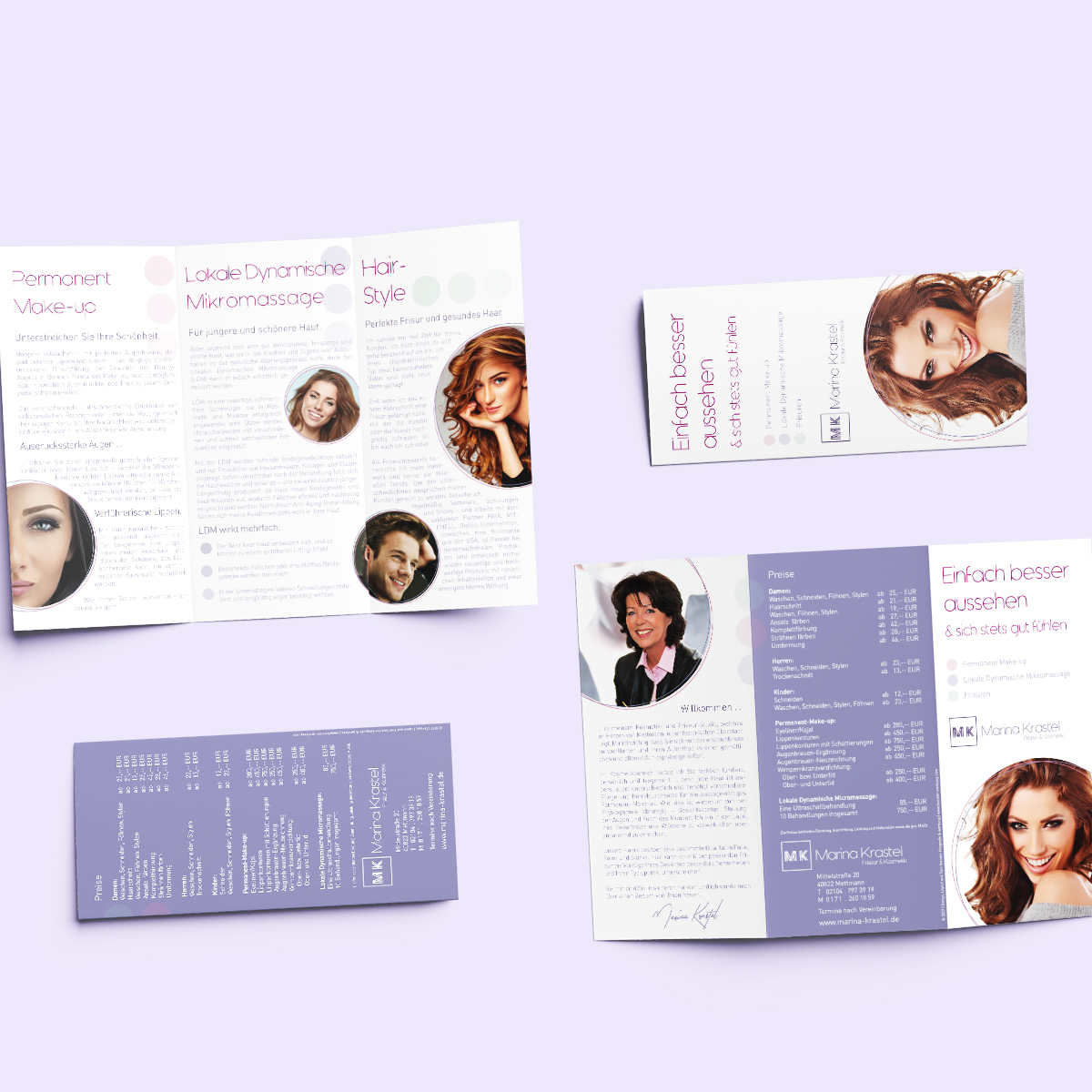 Durch die gekonnte Platzierung von Farben wirken die Flyer nicht unruhig, sondern bilden eine Einheit. Perfektes Flyer-Layout für Kosmetikerinnen