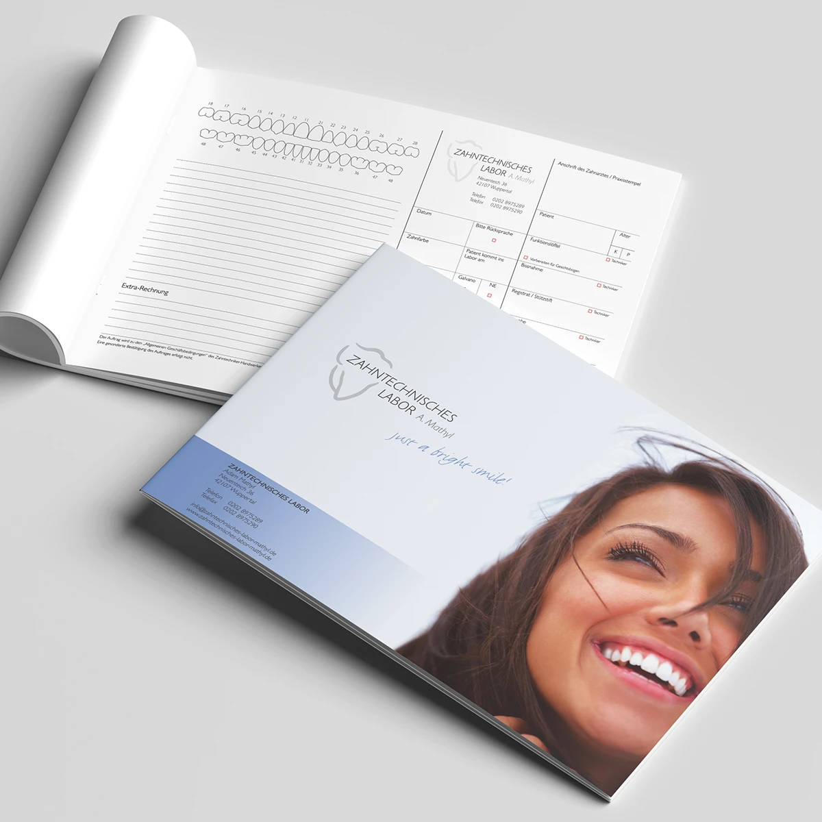 Entwicklung eines Durchschreibesatzes für das Zahntechnische Labor Mathyl. Umschlag des Durchschreibesatzes für das Zahntechnische Labor Mathyl