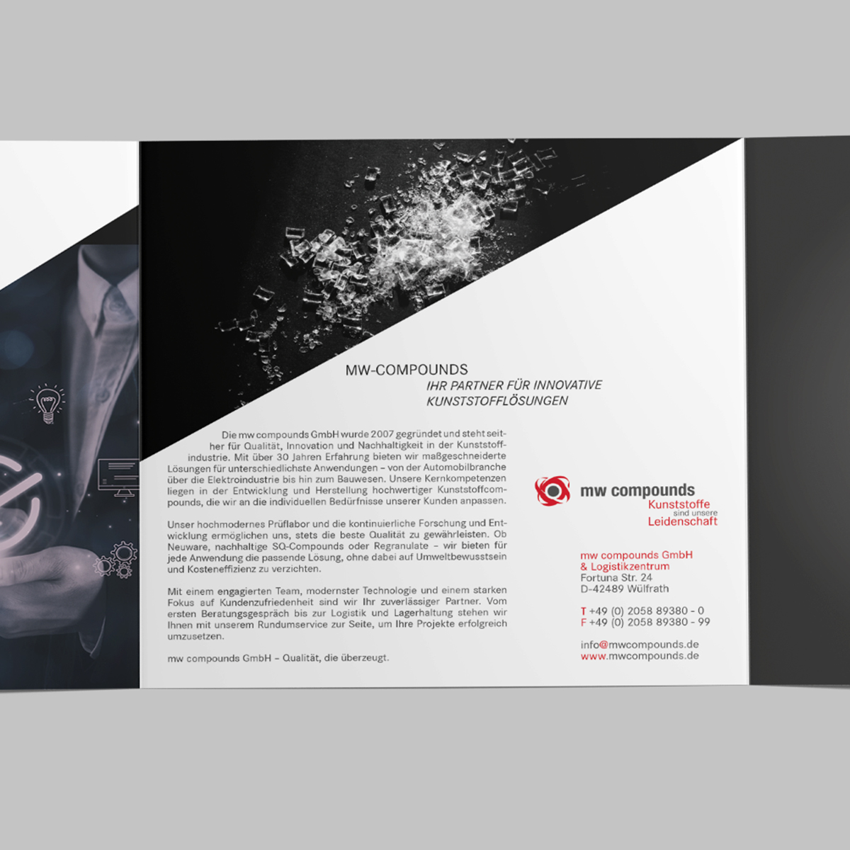 Der Flyer im modernen Design für die mw-compounds. Technische Flyer im modernen Design