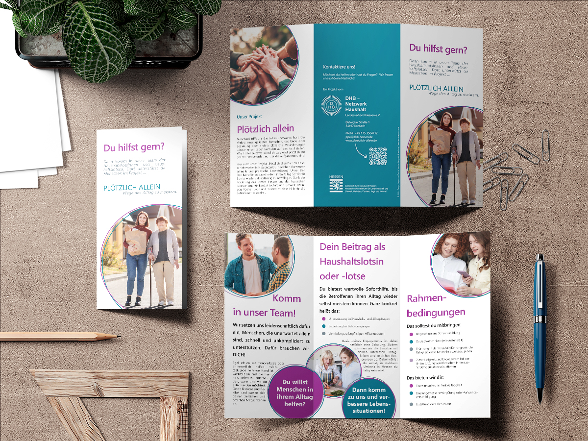 Der Flyer im modernen Design für das Projekt 'Plötzlich allein'. Schöne Flyer im modernen Design